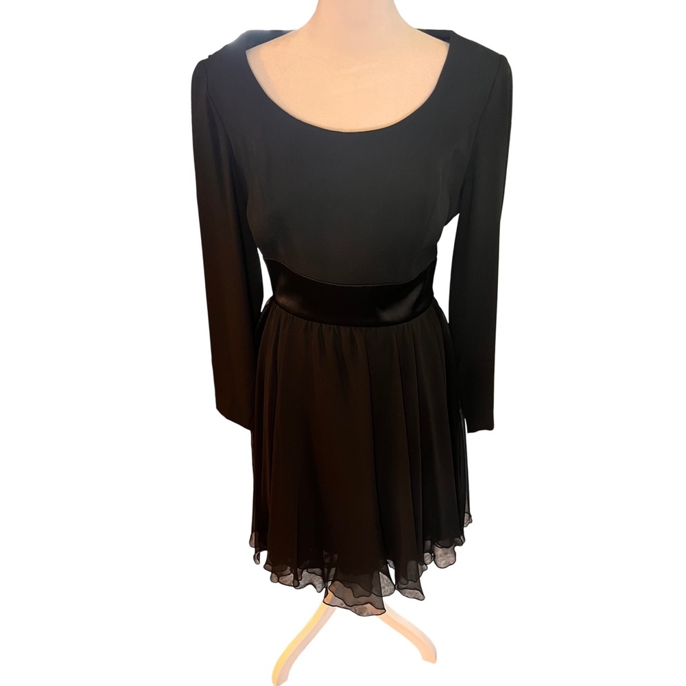 Nipon Night Black Long Sleeve Cocktail Dress Satin Waist Chiffon Skirt Sz 10